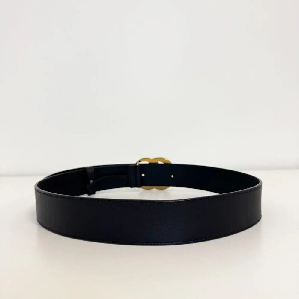 GUCCI Black Leather Gold GG Belt Marmont Wide With Box Size 85 34